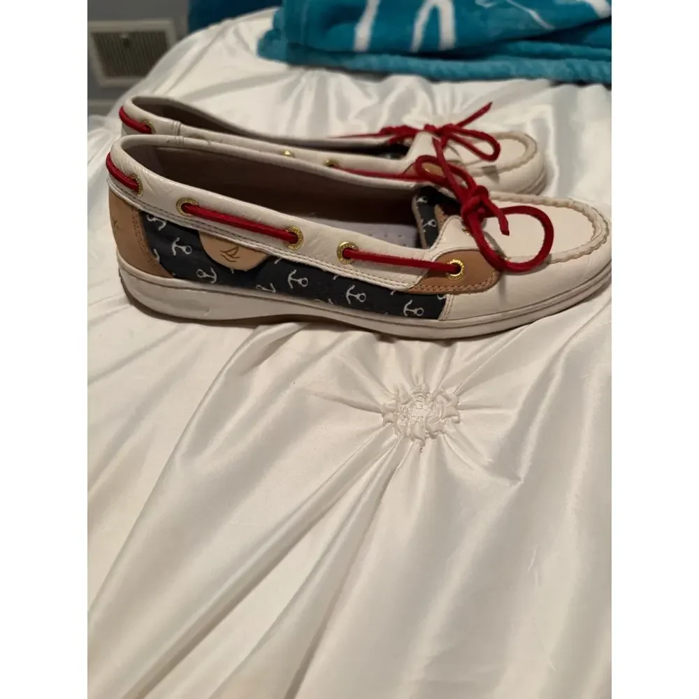Sperry Top-Sider Angelfish Anchor Print Boat Shoes White/Navy/Red size 8
